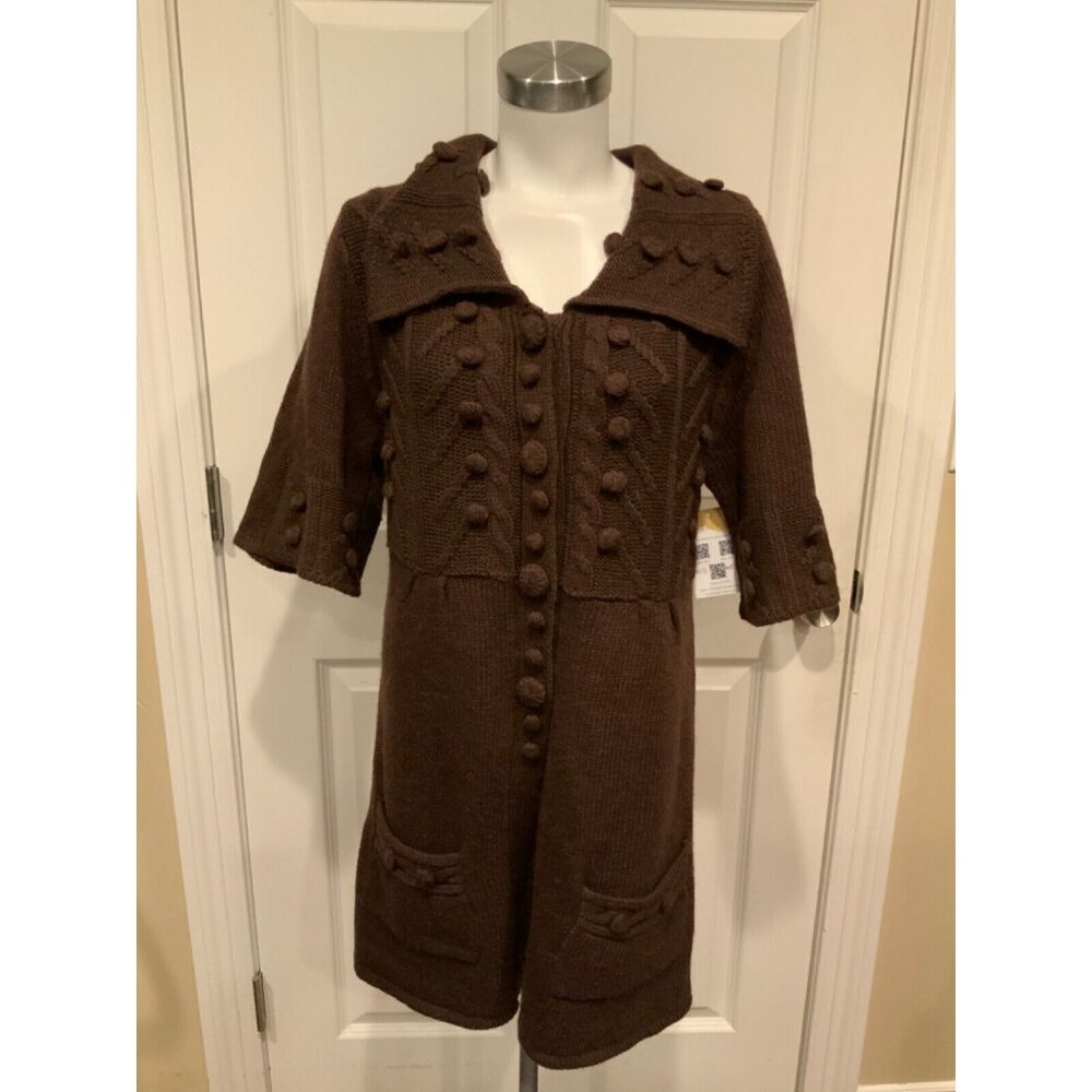Alberto Makali Brown Wool Pom Accent Long Cardigan Size M